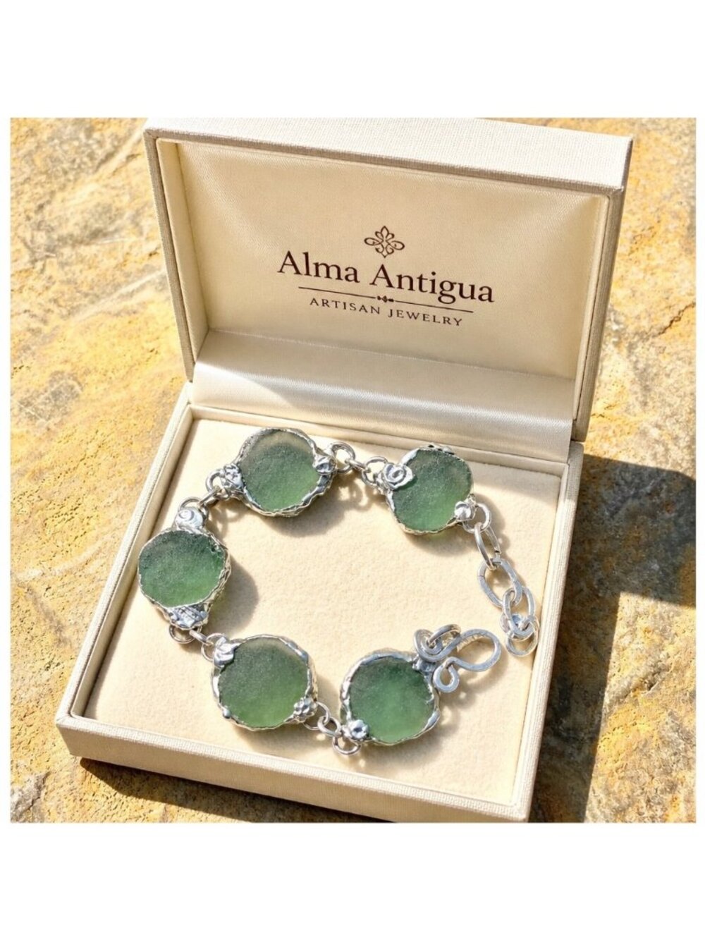 Sea Glass Bracelet - Hammered Silver Adjustable Artisan Coastal 7.5"